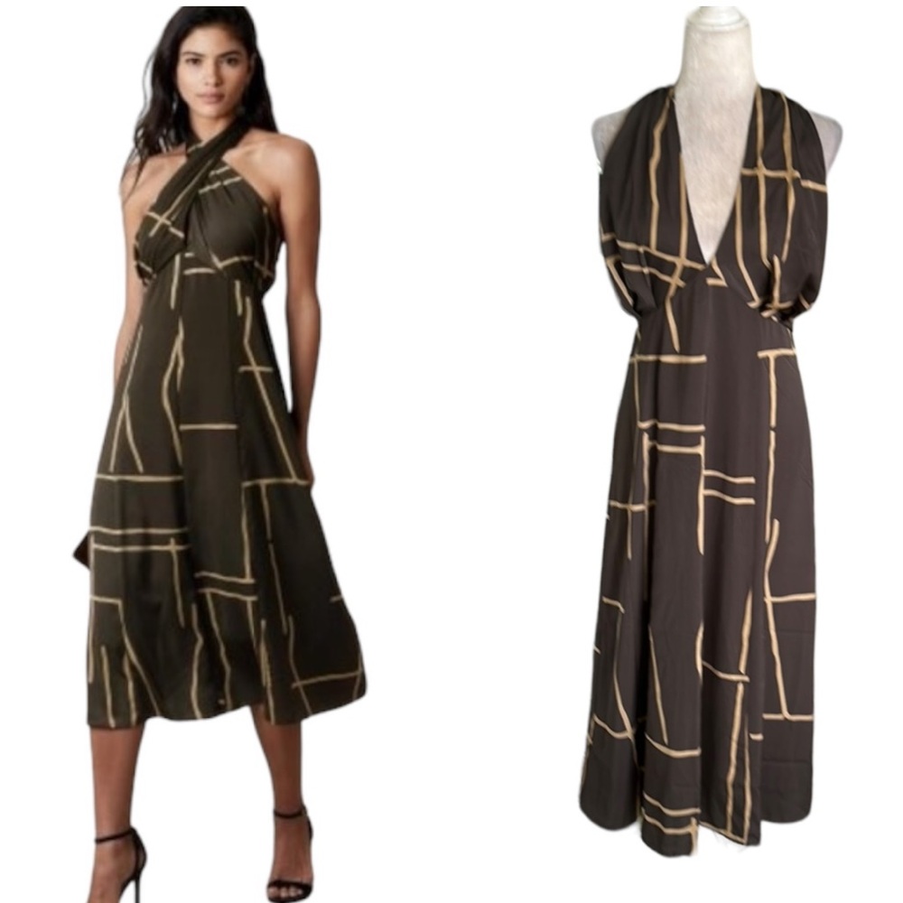 NWT Banana Republic Twist Halter Neck Brown & Tan Midi Dress in Peppercorn